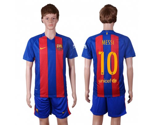 Barcelona #10 Messi Home With Blue Shorts Soccer Club Jersey - Click Image to Close